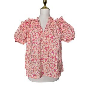 AVARA Pink Floral Cotton Puff Sleeve Blouse Ruffle Shoulder XS Brooks Top